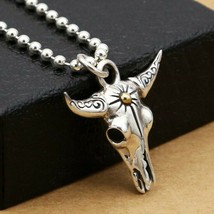 Vintage Bull Head Solid 925 Sterling Sliver Pendant Necklace/ Men&#39;s Beaded Chain - £98.37 GBP