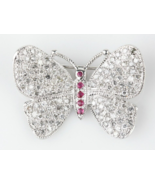 14k White Gold Butterfly Pave Diamond Brooch with Ruby Accents TDW = 1.8... - $1,828.39