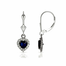 14K White Gold White &amp; Blue Sapphire Halo Heart Dangle Lever Back Earrings - £142.40 GBP