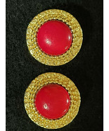 Ladies Pierced Earrings Round &quot;Gold Tone&quot; Red Pretty Dressy Vintage  - £11.99 GBP