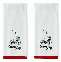 Hand Towels Carry Joy Embroidered Guest Bathroom Set of 2 White Bicycle Bike - £31.48 GBP