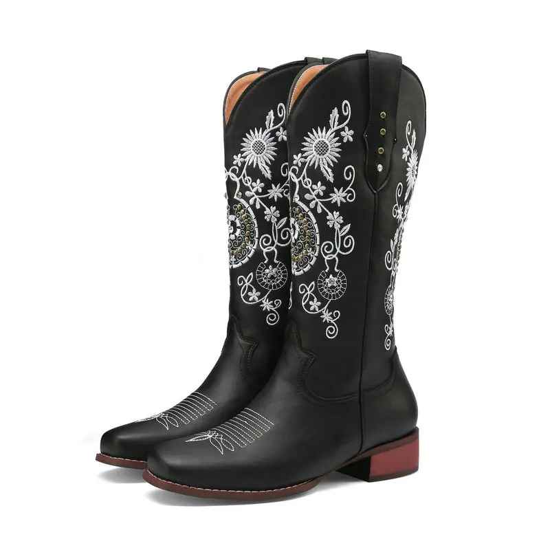 Womens boy Boots Retro Embroidered Western girl Boots Ladies Square toe Pull On  - £102.13 GBP