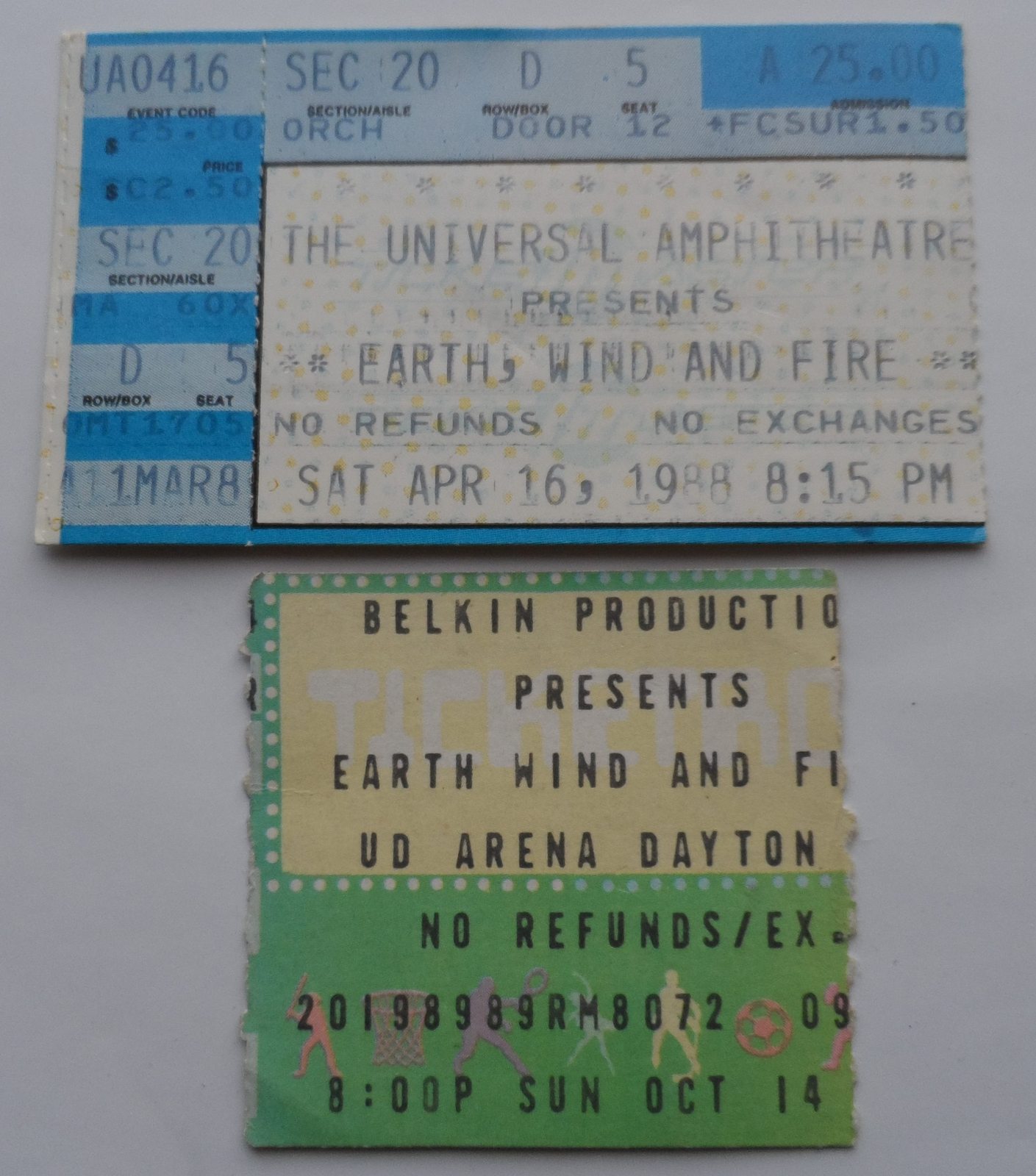 Earth Wind And Fire 2 Ticket Stubs Dayton Ohio &amp; 1988 Universal Amph Cal... - $8.95