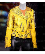 New Women's Yellow Silver Spiked Studded Punk Cowhide Biker Leather Jacket-494 - $329.99
