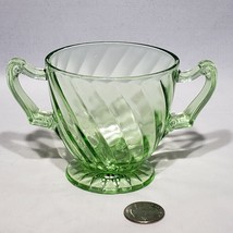 Green Uranium Depression Glass Double Handle Open Sugar Bowl Swirl Design Glows - £11.92 GBP