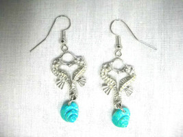 Sea Horse Heart Kiss &amp; Real Whole Blue Shell Usa Cast Pewter Dangling Earrings - £9.58 GBP