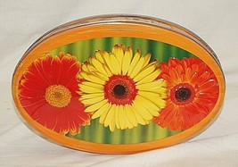 Santa Edwiges Orange Metal Tin Butter Cookies Colorful Daisy Flowers - £13.19 GBP