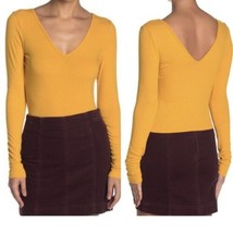 Love Fire Basic Solid Soft Cotton Long Sleeve V-neck Top Mustard Yellow XS - $24.39 CAD