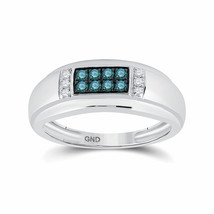 10kt White Gold Mens Round Blue Color Enhanced Diamond Band Ring 1/3 Cttw - £415.75 GBP
