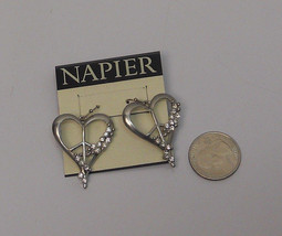 NAPIER Heart Earrings Rhinestones Drop Dangle Silver Tones Hook Fastener - £6.38 GBP