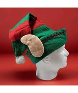 Elf Christmas Hat Santa&#39;s Helper Green And Red Stripe Pointy Ears Pom Pom - $9.44