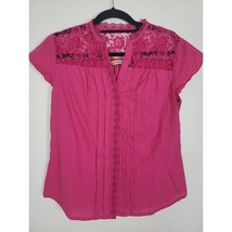 Bit &amp; Bridle Button Front Top Medium Womens Cap Sleeve Pink Lace Western... - £14.93 GBP