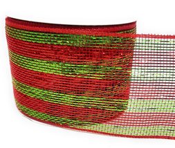 Christmas Holiday Red and Green Stripe 4&quot; Metallic Deco Mesh Ribbon Roll Garland - £12.46 GBP