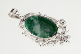 Grüner Jade &amp; Perle Sterlingsilber Anhänger Set auf Einer Blumen Rahmen ... - $4,875.46 MXN
