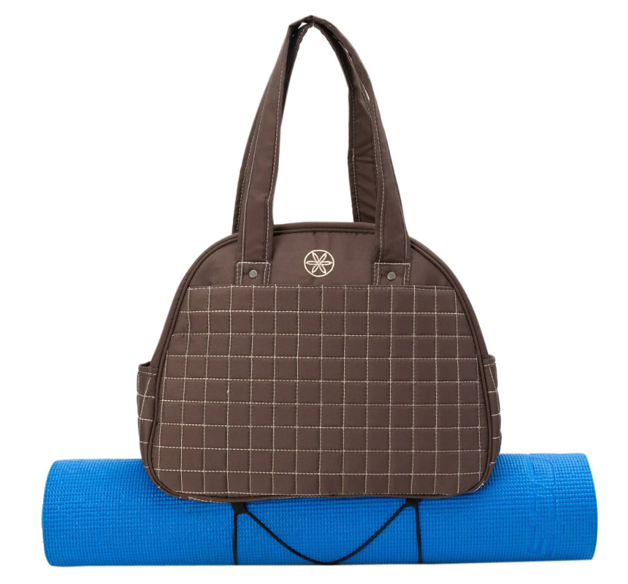 Gaiam Brown Quilted Metro Gym Yoga Bag - 7 Pockets & Cinch Cord for Yoga Mat - $28.45