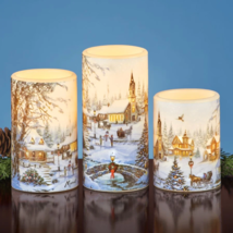 3Pc Flameless Candle Set LED Flicker Pillar Christmas Snowy Winter Villa... - $18.51+