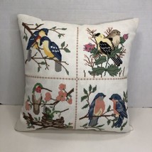 Birds Finished  Cross Stitch Pillow 13" Square Hummingbird Robin Blue - $29.69