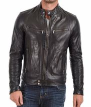 Men Leather Jacket Black Slim fit Biker Motorcycle Genuine Lambskin Jacket MJ064 - £92.30 GBP