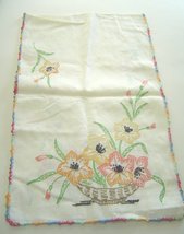Vtg Hand Embroidered Flower Basket Dresser Scarf Table Runner Crochet Edging  - £15.71 GBP