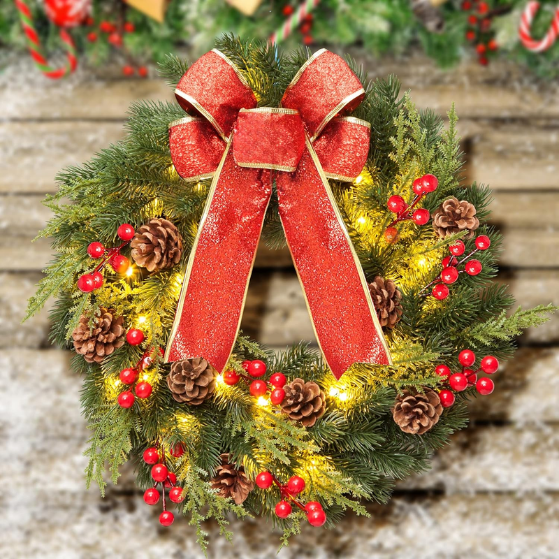 Christmas Wreath 16 Inches, with Metal Hanger, Pre-Lit Artificial Christmas Fron Item image 7