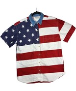 Quizz Again womens American Flag Patriotic Stars Stripes Denim S/S Shirt... - $37.88 CAD