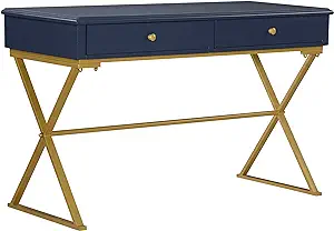 Campaign Desk Navy With Gold Legs, Blue - $317.99