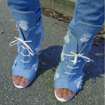 New Women Blue Denim Jeans Peep Toe Lace Up Front Stiletto Heel Short Ankle Boot - £150.89 GBP