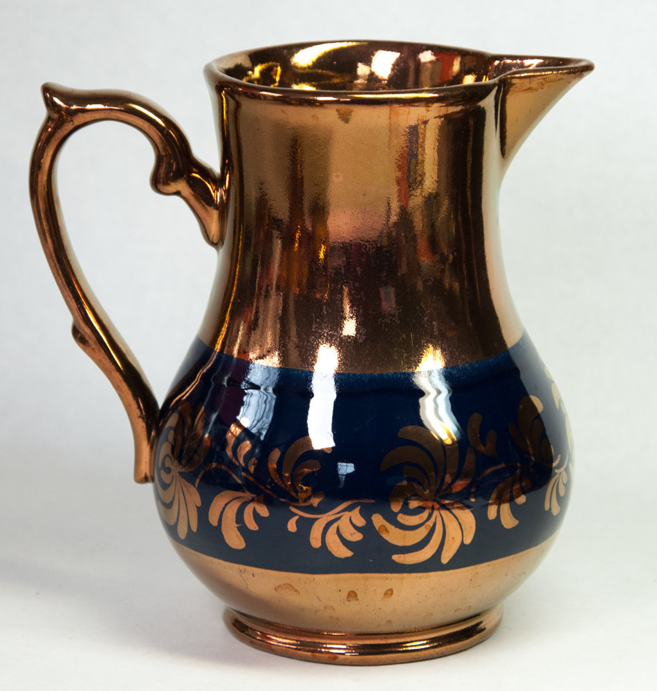 Copper Lusterware 24 oz Milk Pitcher 6.5" Tall Blue Band Made in England Jug Item image 4