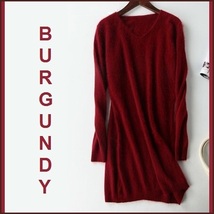 Ladies Soft Mink Cashmere Long Sleeve Burgundy V-Neck Mini Sweater Shirt Dress image 1