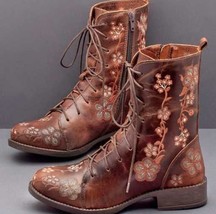 New Women Retro Embroidery Decor Short Boots Lace Up Side Zipper Square Heels Bo - £41.28 GBP