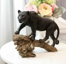 Ghost Hunter Black Panther Cougar On Weathered Tree Log Statue Jaguar Decor - £39.16 GBP