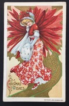 Antique Poinsettia Girl Christmas Wishes Greeting Card John Winsch  Posted 1911 - £47.95 GBP