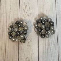 Vintage Silver Bead Cluster Clip On Earrings Japan Simulated Pearl &amp; AB ... - £9.78 GBP