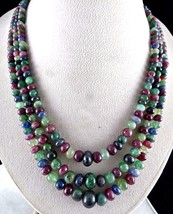 Antique Natural Emerald Ruby Blue Sapphire Beads Round 666 Cts Gemstone Necklace - £1,123.17 GBP