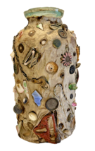 Memory Jar Jug Crock Handmade Keepsake Glass Buttons Chain Picture 9 In Tall Vtg - £100.79 GBP