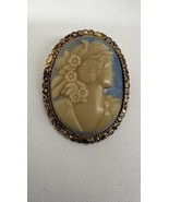 Vintage Gold Tone Blue Cream Oval Cameo Fashion 1.66 Inch Brooch - £23.61 GBP