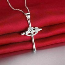 1Ct Simulated Diamond Double Heart Cross Pendant 14K White Gold Plated - £100.31 GBP