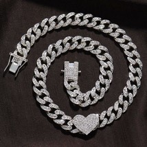 Rapper Full Heavy Heart-shaped Cuban Link Necklace Ice Women For Men - £24.04 GBP