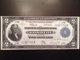 Reproduction $2 Federal Reserve Bank Note 1918 Kansas City Jefferson Bat... - $3.99