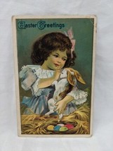 Vintage Easter Greetings Little Girl Holding Rabbit With Colored Eggs Post Card - £9.56 GBP