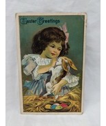 Vintage Easter Greetings Little Girl Holding Rabbit With Colored Eggs Po... - $12.38