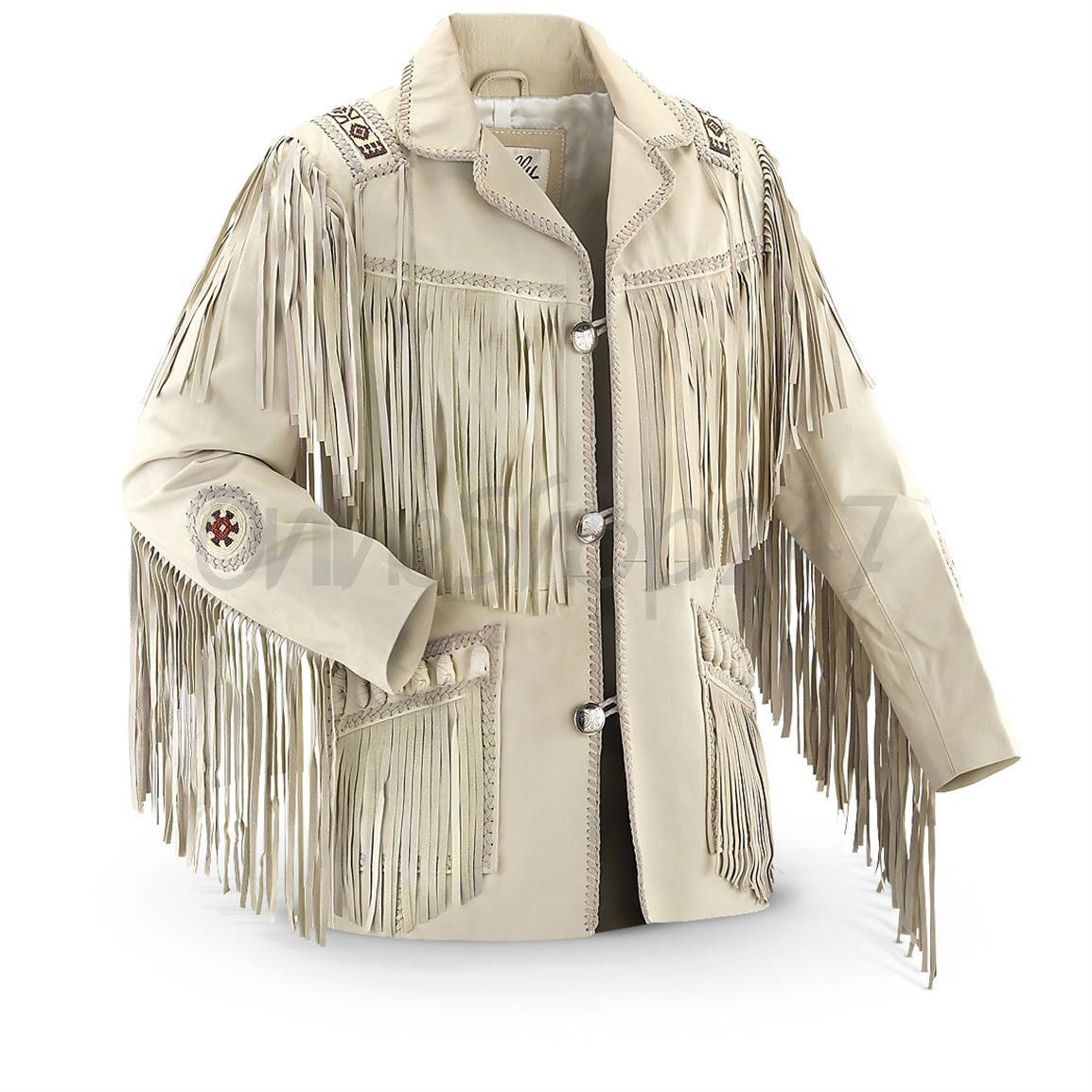 Traditional Mens Native America White Suede Scully Leather Jacket Fringes Beads - $169.99