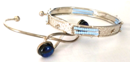 2 Vintage Bangle Bracelets Silver Color Metal Beaded Blue - £6.53 GBP