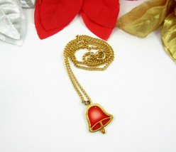 CHRISTMAS Red Enamel BELL Necklace Vintage Pendant Goldtone Chain Xmas 16&quot; - $12.99