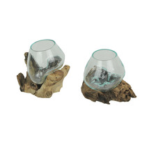 Set of 2 Melted Glass On Teak Driftwood Bowls Vases Terrarium Planter Décor - £55.26 GBP