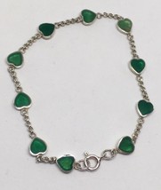 Vintage 7 Sterling Silver 925 Bracelet Featuring Hearts With Inlay Green... - $78.65