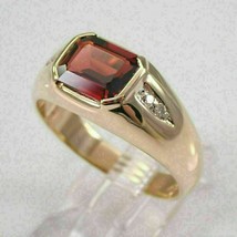 14K Yellow Gold Finish 3Ct Emerald Cut Red Garnet &amp; Bezel Men&#39;s Engagement Ring - £71.20 GBP