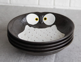 Pack Of 4 Black Whimsical Owl Ceramic Salad Entree Deep Plates Or Shallow Bowls - £32.68 GBP