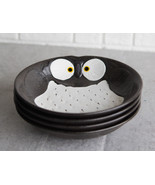 Pack Of 4 Black Whimsical Owl Ceramic Salad Entree Deep Plates Or Shallo... - £32.66 GBP