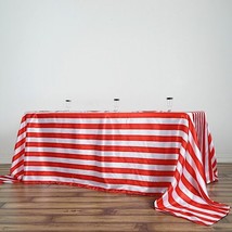 Red White 90X132&quot;&quot; Stripes Satin Rectangular Tablecloth Wedding Party Linens Sal - £24.00 GBP